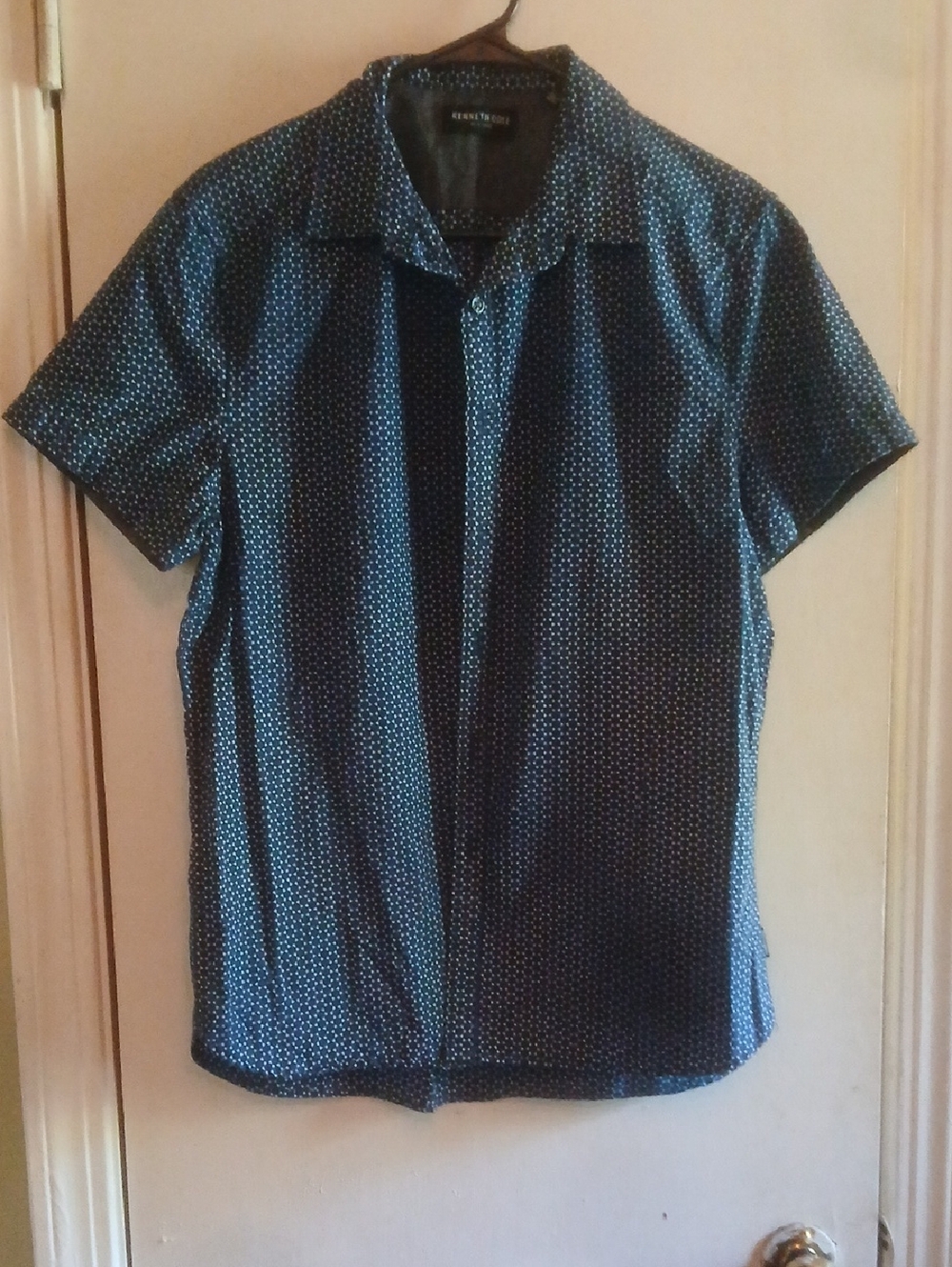 Kenneth Cole Navy Short Sleeve Button-Down Shirt with White Micro Dot